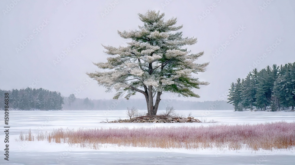 Aufkleber a snow-covered field with a solitary tree in its center and a tiny island nestled within its expanse