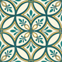 Decorative floral pattern with teal and gold elements on cream background  