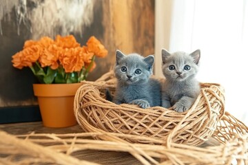 Two adorable kittens with tabby fur sitting in a woven basket, symbolizing coziness, home comfort, and pet tenderness