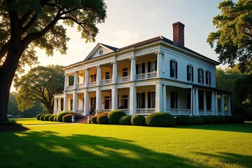 Grand antebellum plantation house with sprawling columns, lush gardens, and a wide veranda, bathed in golden sunlight A picturesque example of Southern architecture , america, brick
