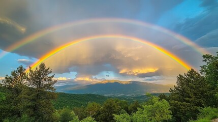Naklejka premium Radiant Spectrum: A Double Rainbow Illuminates the Cloudy Morning Sky, Reflecting Nature's Promise of Hope