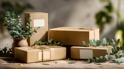 Eco-friendly parcel packaging with natural cardboard boxes and fresh eucalyptus branches on a rustic wooden table for sustainable shipping