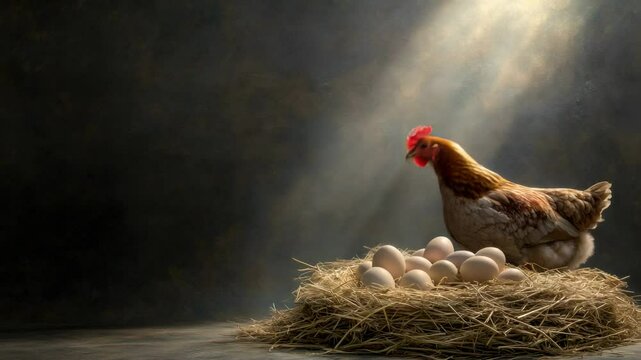 Brown hen standing proudly on a nest filled with numerous white eggs, illuminated by a dramatic beam of light against a dark backdrop, creating a rustic farm scene