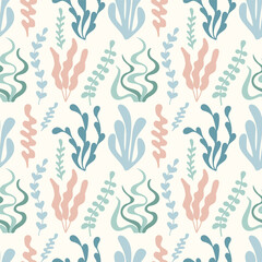 Underwater botanical seamless pattern with hand drawn algae silhouettes. Minimalist flat seaweed in pastel colors. Perfect for textile design, packaging, summer themes, wrapping, baby products