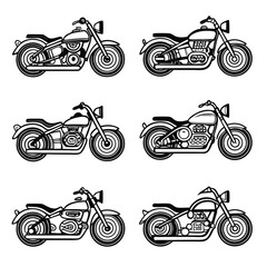 Naklejka premium Collection of Six Black and White Motorcycle Icons Graphic Style Classic Chopper Cruiser and Bobber Designs