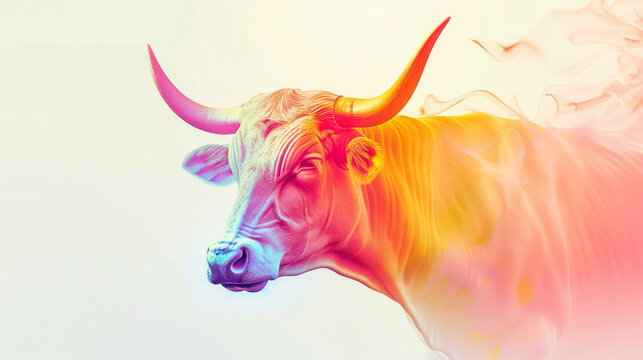 Mystical colorful bull dissolving into smoke symbolizing taurus zodiac energy