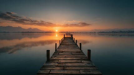 Fototapeta premium A dock situated at the center of a water body, bathed in the fading light from behind the distant mountains