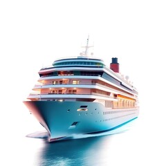 An elegant multi-deck cruise liner highlighted by dramatic warm terracotta and cool teal lighting, isolated on a clean white background.