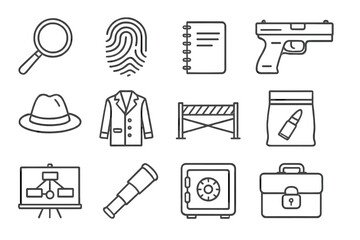 Detective tools icons: magnifying glass, notebook, gun, and more