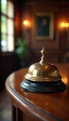A vintage brass bell sits on a polished wooden reception desk, ready to summon assistance The warm lighting enhances the aged patina of the metal, creating a feeling of classic service , hotel, old