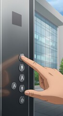 A hand reaches to press an elevator button outside a sleek modern building on a sunny day