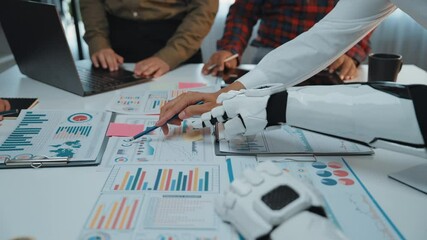 A corporate environment where professionals work alongside an AI assistant to refine business analytics and strategy, highlighting the role of technology in modern workplaces. Noogenesis AI