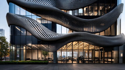 Obraz premium Undulating metal facade with flowing light and shadow interplay, sleek and dynamic