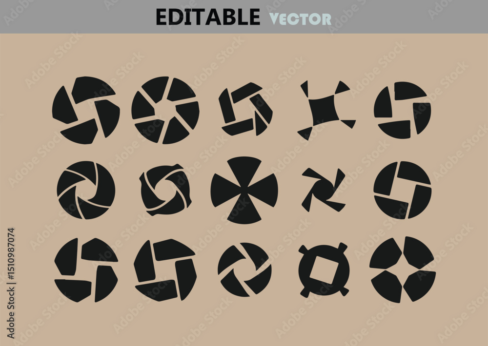 Poster aperture icon set in black silhouette on tan background representing camera lens openings and photog