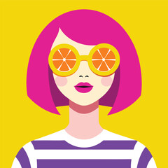 Funky Pop Art Portrait of a Woman with Pink Hair and Orange Slice Sunglasses on Yellow Background