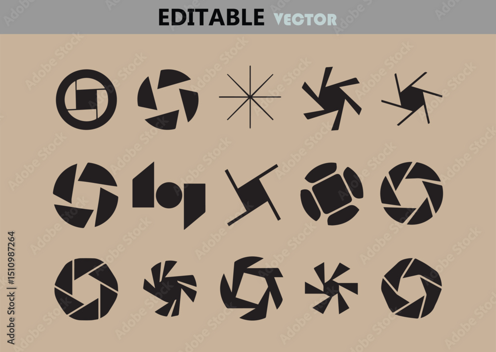 Poster collection of black aperture icons with different shapes and styles on a light brown background edit