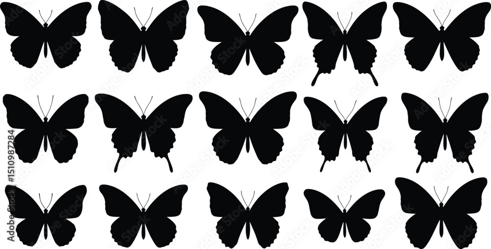 Poster symmetrical black butterfly silhouette set: array of front view insect graphics, nature pattern elem
