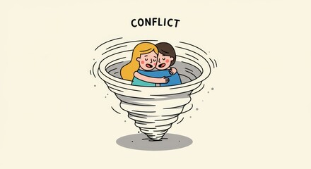 Two individuals embrace tightly in a swirling vortex, symbolizing emotional conflict