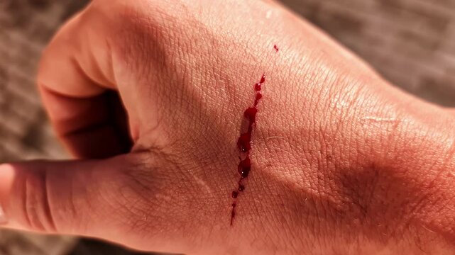 Cut bleeding blood coming out hand wrist pain hand up-close first air bruise hurt in pain
