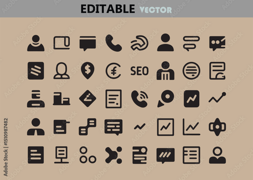 Poster set of vector icons for business finance communication and technology featuring user chat phone seo 