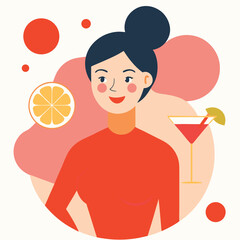 Stylish Woman with Cocktail and Orange Slice in a Modern Flat Design with Abstract Shapes and a Clean Background