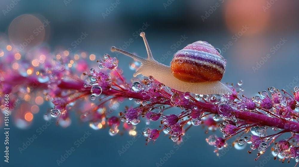 Poster a macro image of a snail perched on a leaf, surrounded by droplets of water cascading off its shell