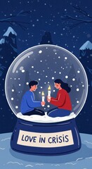 Two figures with candles sit in a snow globe, amidst falling snow and mountains