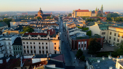 Fototapeta premium Drone view of European city tourism old town Krakow Poland