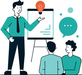 A business professional presenting an innovative idea during a meeting in a modern flat illustration style