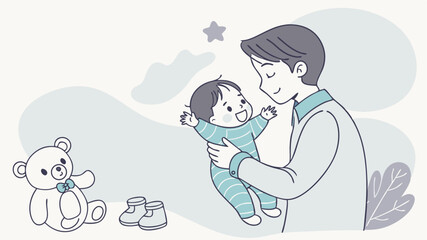 Affectionate father holding smiling baby with arms outstretched amidst toys and decorative elements cute illustration
