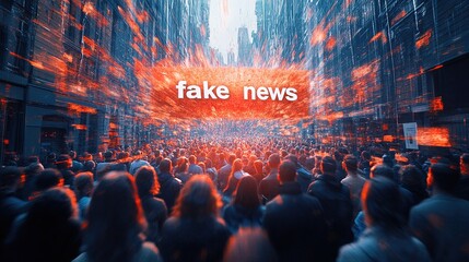 Crowd of people looking at flying "fake news" in city, disinformation concept