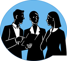 Business team collaboration concept presented by a diverse group of professionals in an effective meeting environment depicted within a stylish graphic