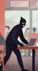 A person wearing a mask stealthily approaches a laptop in a crowded cafe setting