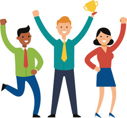 Group of diverse business people celebrating success with a golden trophy symbolizing achievement teamwork and victory.