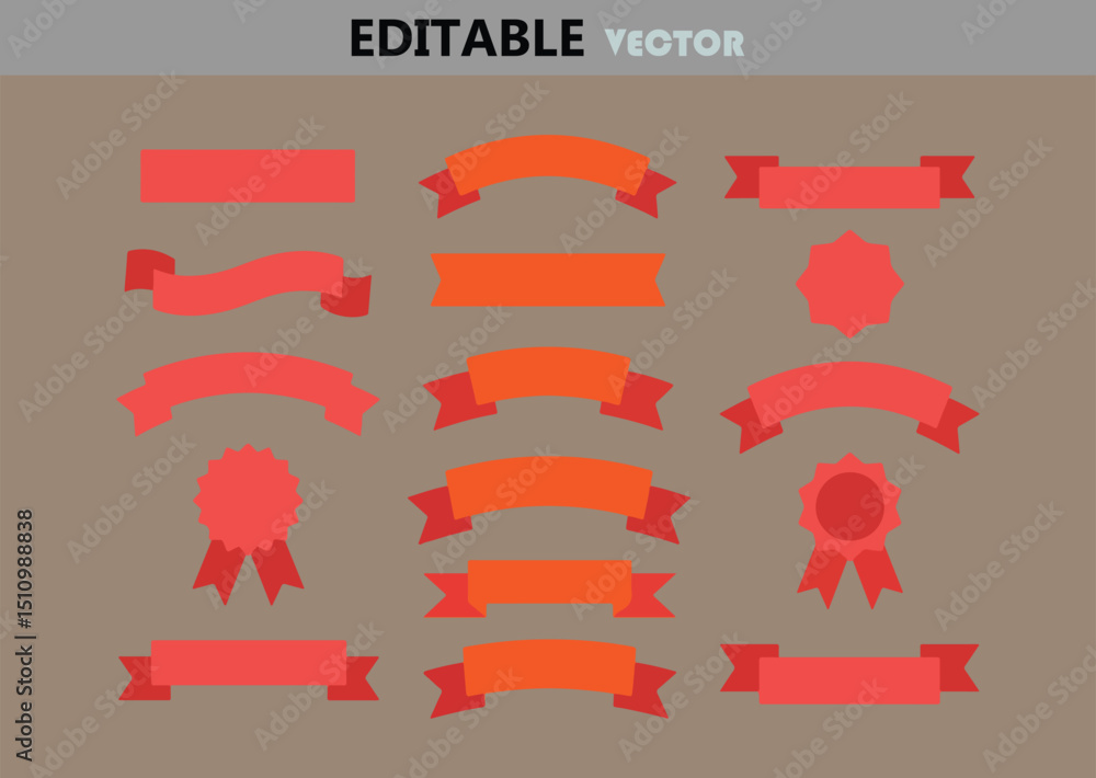 Poster collection of vector ribbon and badge elements in red and orange tones for graphic design and decora