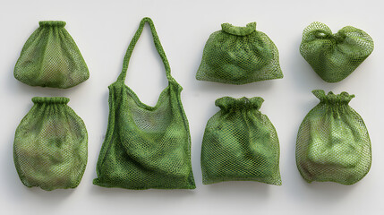 Naklejka premium Collection of Eco-Friendly Green Fabric Pouches and Tote Bag on White