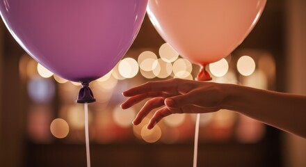 A hand extends toward vibrant balloons, creating a joyful atmosphere during a nighttime event