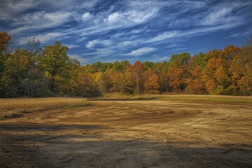 Naklejka premium Autumn Field After Harvest: Rustic Landscape with Woods and Open Sky Beyond