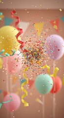Balloons float as confetti falls, creating a joyful and festive atmosphere inside