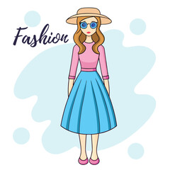Cartoon Fashionable Woman with Hat Sunglasses Pink Top Blue Skirt and Pink Shoes on a Light Background