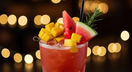 A vibrant cocktail with mango and watermelon garnishes sits on a table with blurred lights