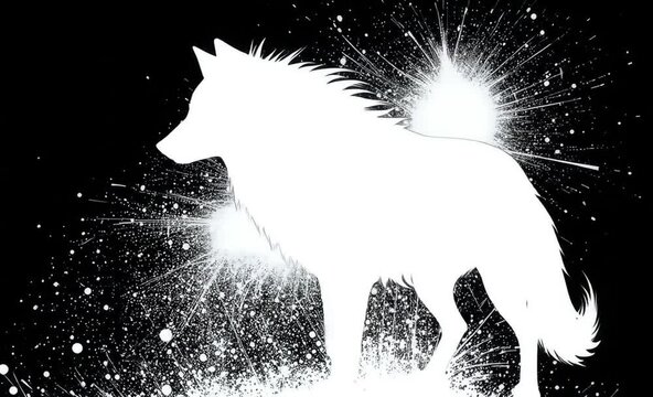 White Wolf Silhouette in Particle Explosion Against Black Background. 4k video 