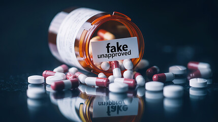 Counterfeit medications: Pills spill from a container with a label saying "fake unapproved". Health risk and fraudulent drugs concept.