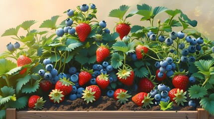 Vibrant Strawberry and Blueberry Harvest in Wooden Planter Box