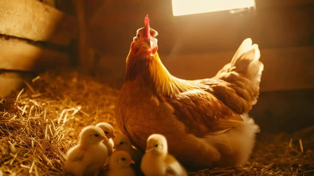 Maternal brown hen nestling protectively over fluffy chicks, resting on soft straw bedding inside rustic chicken coop, golden sunlight illuminating nurturing scene