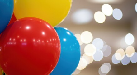 Bright red, blue, and yellow balloons enhance the joyful ambiance at a crowded indoor party