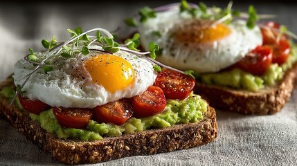   Two slices of toasted bread stacked with avocado, tomato, and a fried egg on top