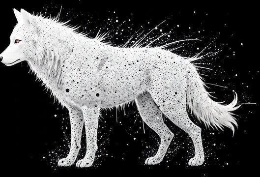 White Wolf Silhouette in Particle Explosion Against Black Background. 4k video 