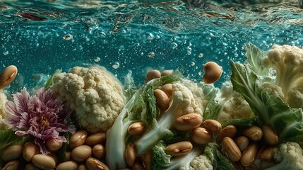 Fototapeta premium Cauliflower, cauliflower seeds, & vegetables float in water with a pink flower on cauliflower