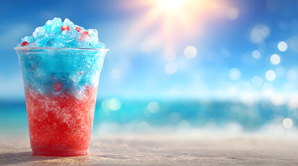 A colorful red and blue slushie on a warm sandy beach, with the bright sun and sparkling ocean in the background during summer